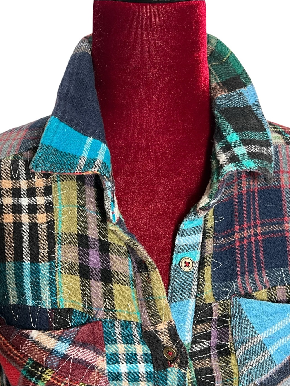 We The Free Flannel Patchwork Shirt XS Lost in Plaid Crochet Grunge Boho Frayed - Picture 6 of 16